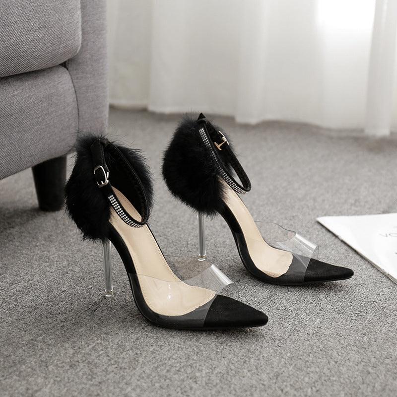 Crystal heel rhinestone rabbit fur sandals