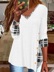 Stylish chic v neck long sleeve button hem T-shirts