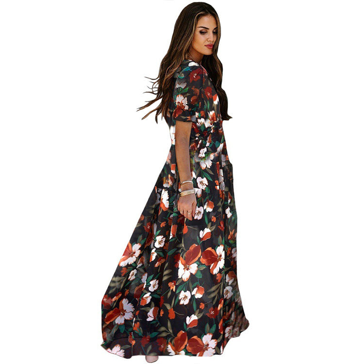 Floral V-Neck Short Flounce Sleeve Dress