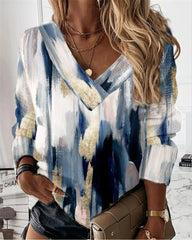 Geometric plant print temperament V-neck long-sleeved loose T-shirts