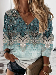 Geometric plant print temperament V-neck long-sleeved loose T-shirts