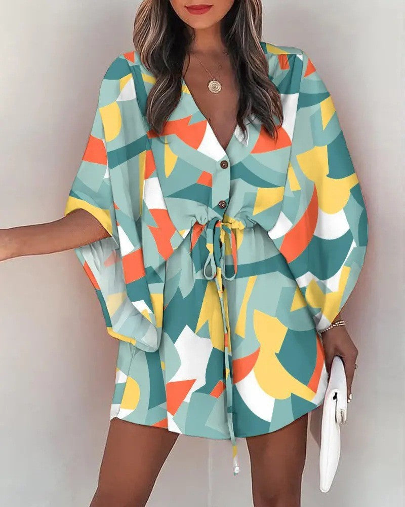 Flying sleeves printed beach dress