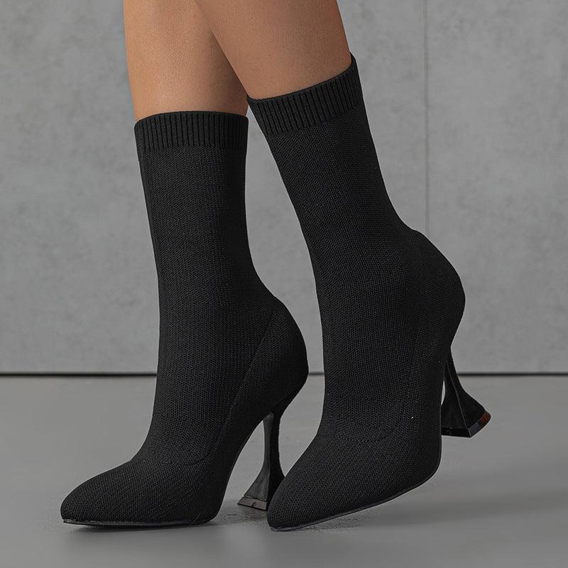 knitted pointed toe mid-tube ankle boots