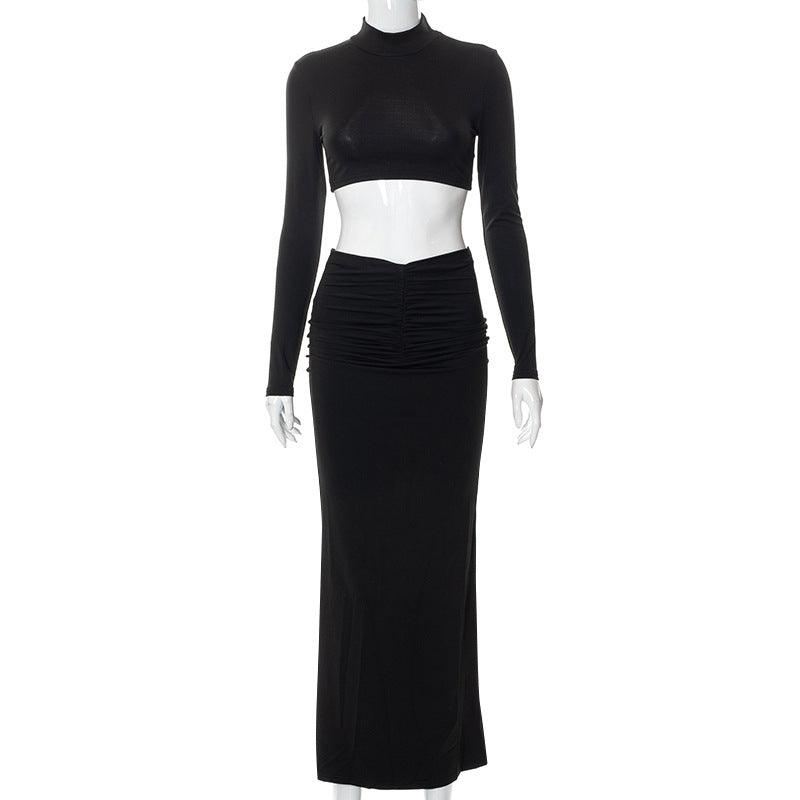 Casual Long Sleeve Stand Collar Long Skirt Suit