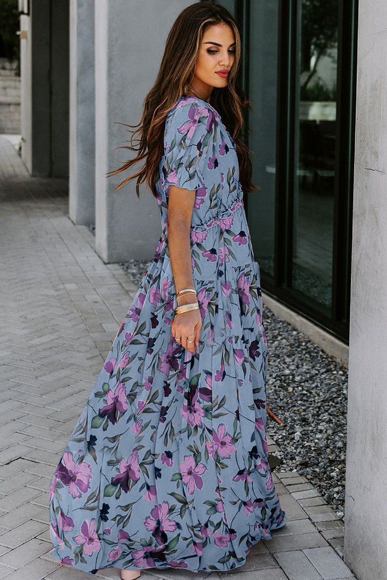 Floral V-Neck Short Flounce Sleeve Dress