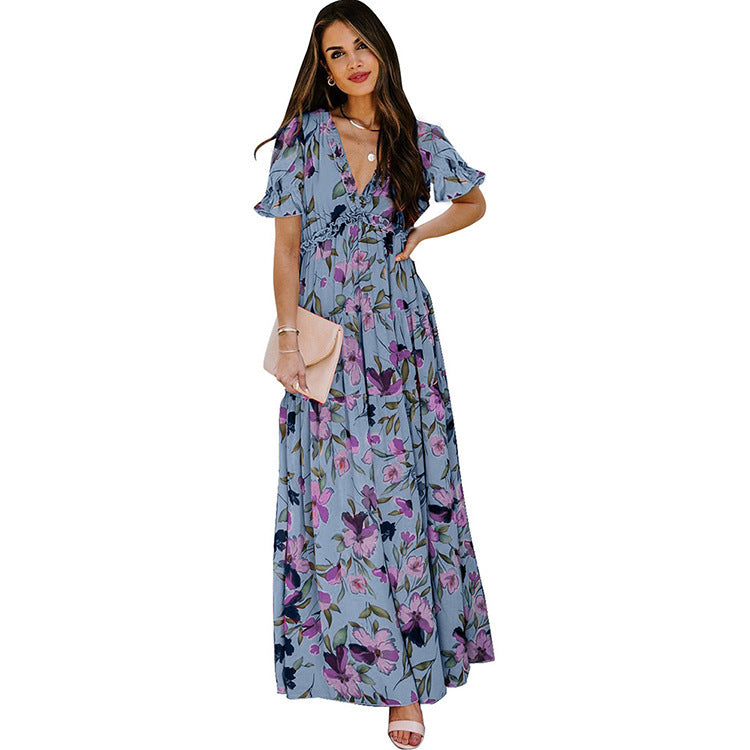 Floral V-Neck Short Flounce Sleeve Dress