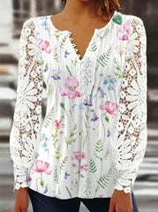 Lace Long sleeve pleated printed button Blouses