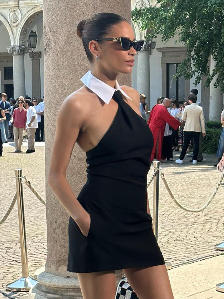 Black fitted dress with shirt collar