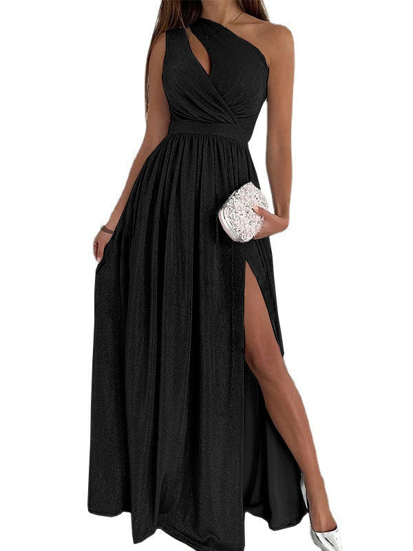 Fashionable one off shoulder glittering sexy hollow slit evening dresses