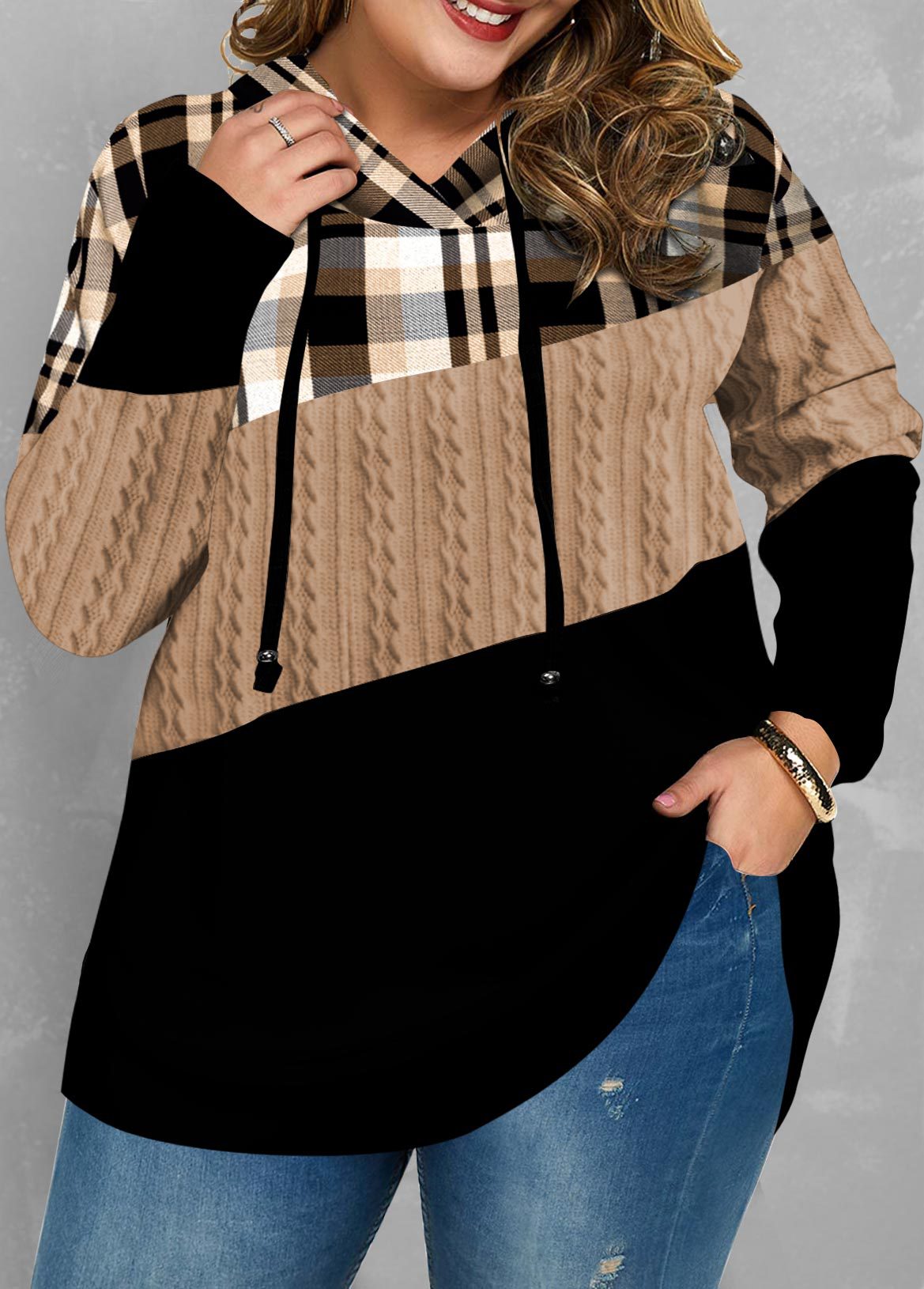Hooded Grid Woman Long Sleeve Hoodies