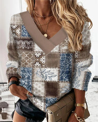 Geometric plant print temperament V-neck long-sleeved loose T-shirts