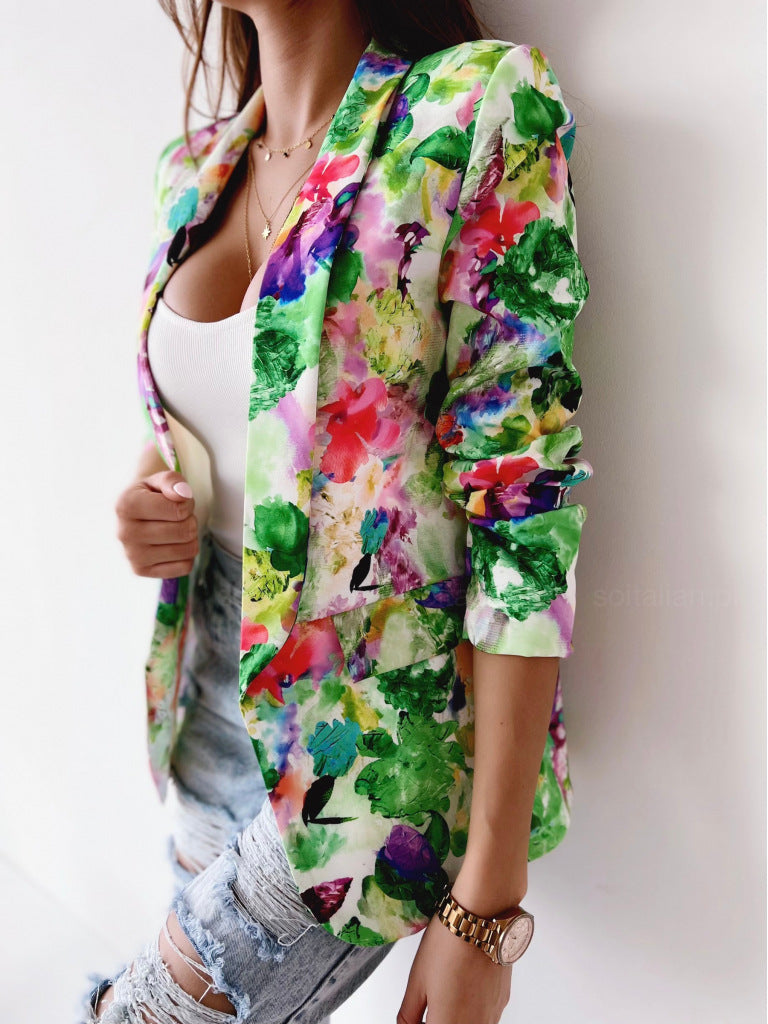 Fashionanble women floral printed big lapel casual coats blazers