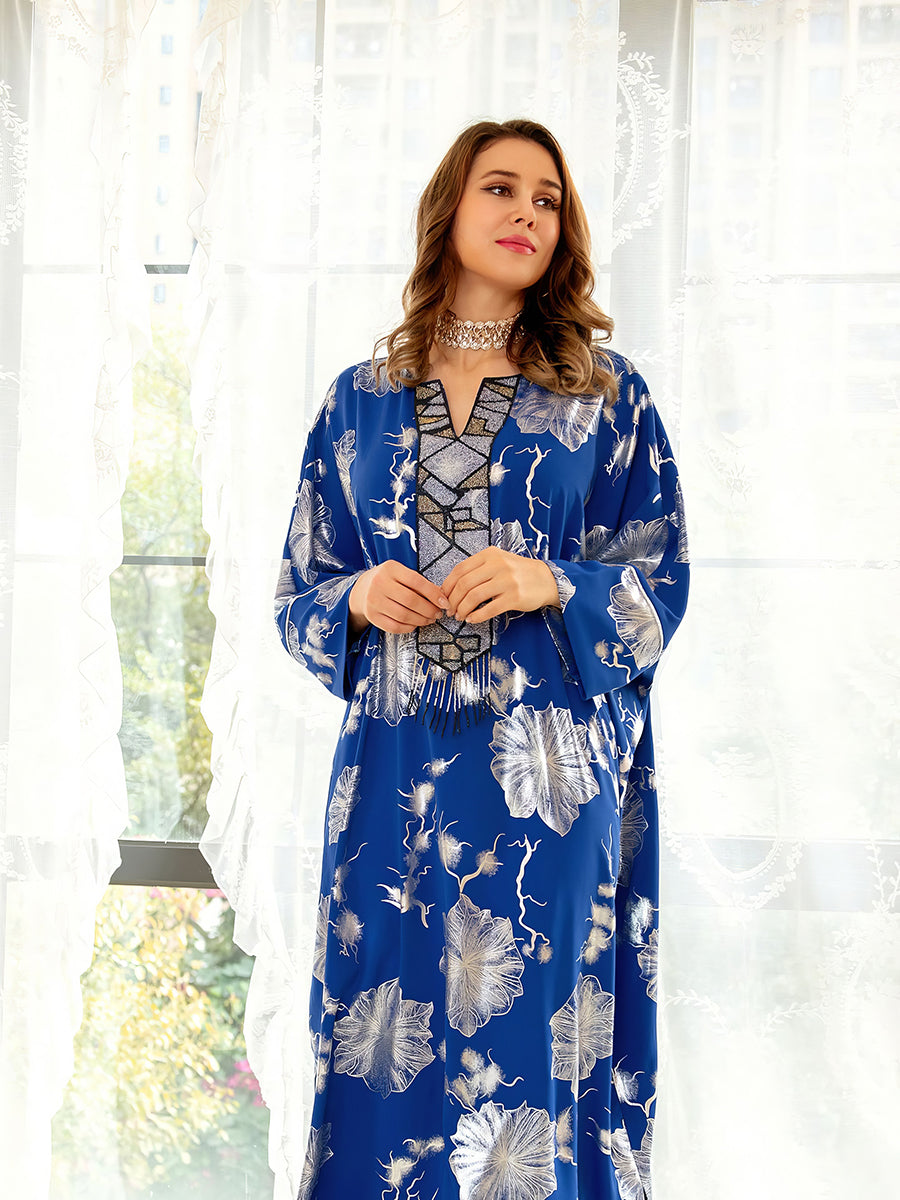 Bronzing Flower Loose Blue Midi Dress