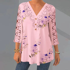 V neck Hallowe Out Three quarter sleeve Blouses