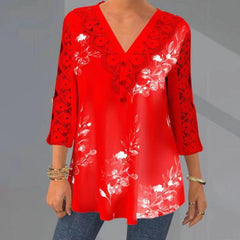 V neck Hallowe Out Three quarter sleeve Blouses