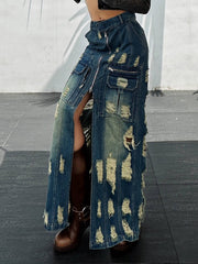 Frayed slim Denim long skirt