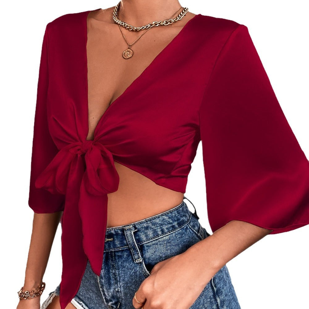 Sexy Pure V neck Three quarter sleeve Bowknot Blouses