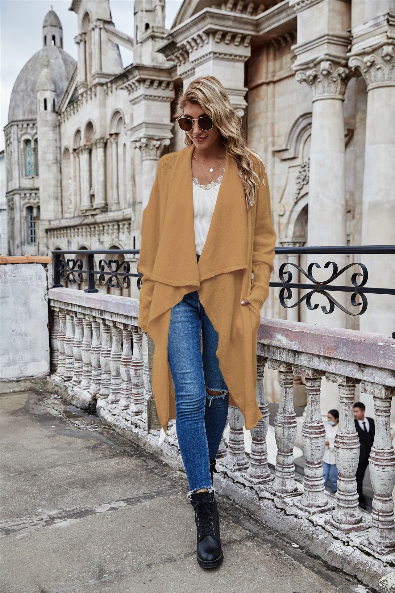 Fashion temperament OL Tongle Big lapel knitted long Trench coats