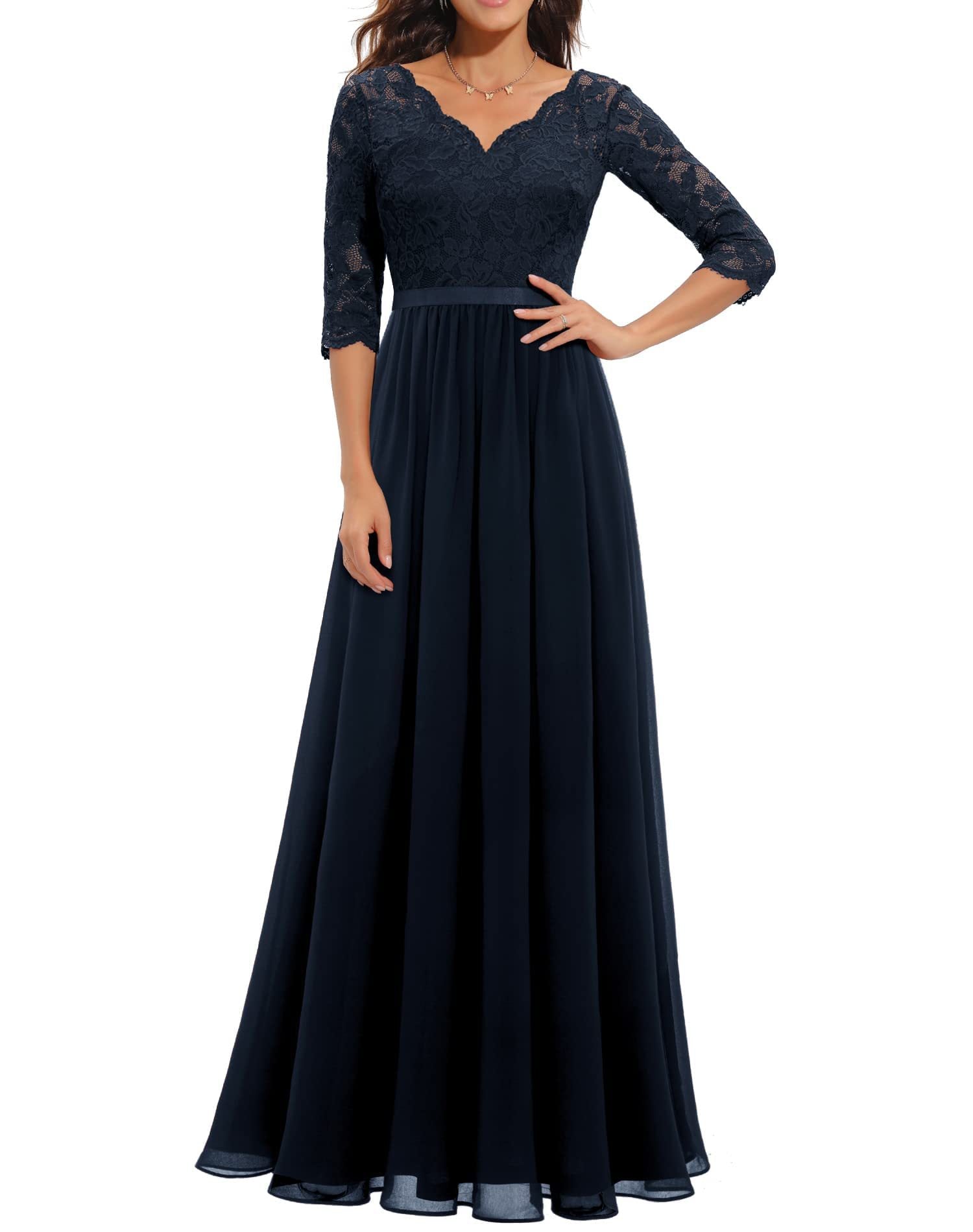 Elegant Lace Half Sleeve Round Neck Long Evening Dresses