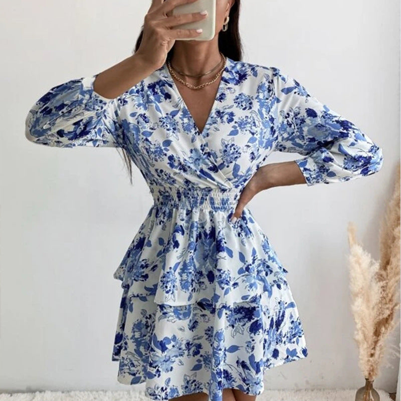 Sexy Fashion Backless Print Round neck Long sleeve Skater Dresses