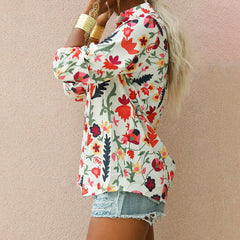 Flower printed women turn down neck long sleeve blouses
