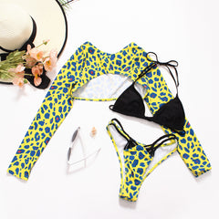 leopard print three-piece long-sleeved swimsuit