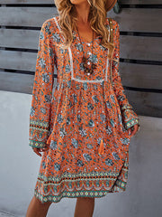 Bohemian Print V-Neck Knee Length Midi Dress