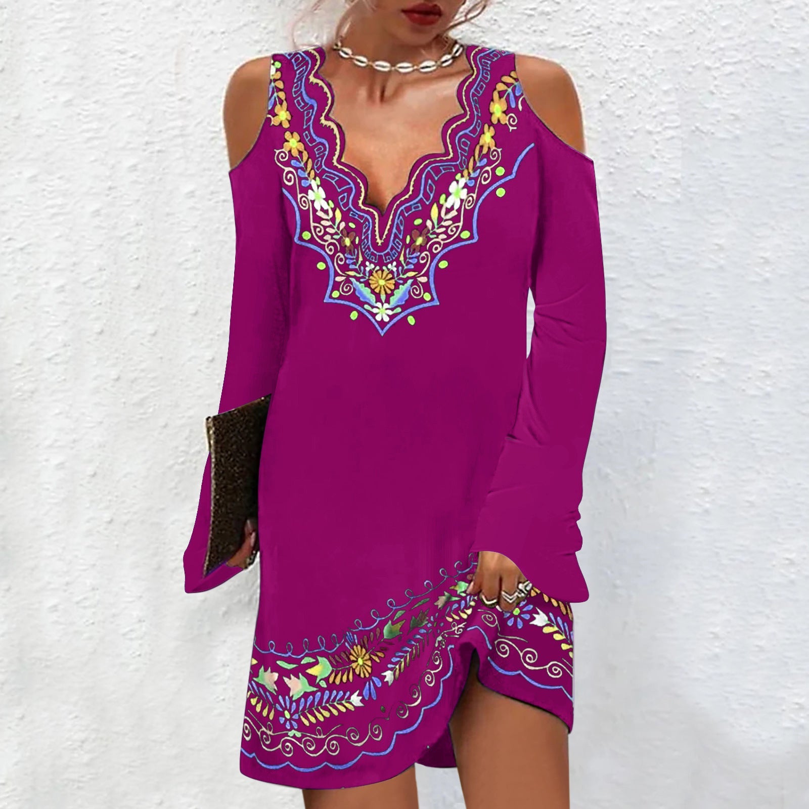 Fashion v neck off shoulder printed long sleeve Shift Dresses