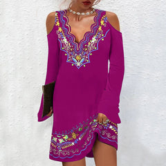 Fashion v neck off shoulder printed long sleeve Shift Dresses