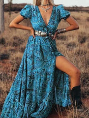 Print V-Neck Bohemian Holiday Dress