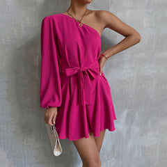 Slanted Shoulders Single Sleeves Dress