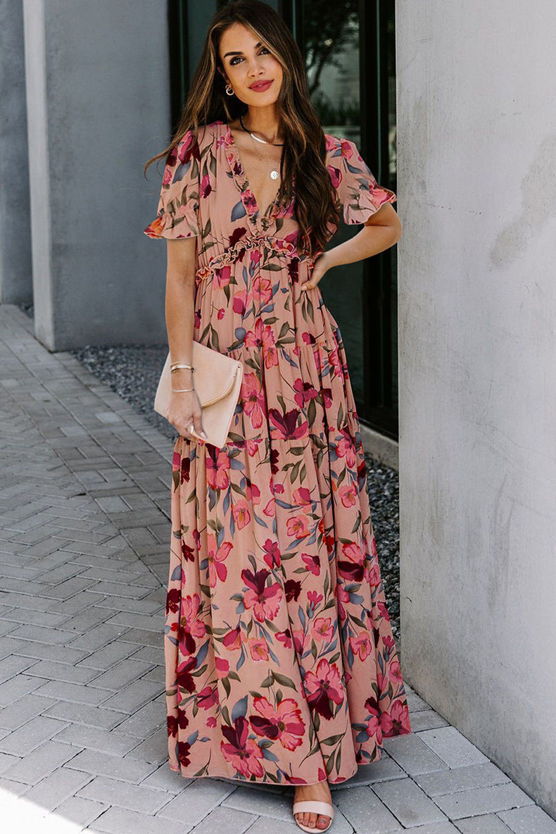 Floral V-Neck Short Flounce Sleeve Dress