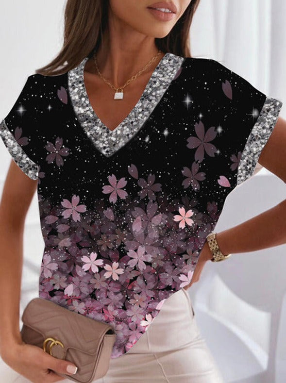 V neck  Short sleeve Printed women T-shirts
