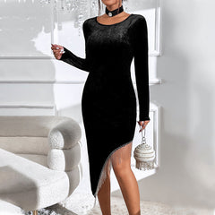 Velvet Asymmetrical Tassel Dress