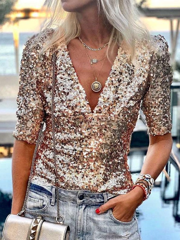 Fashion Sequin V neck Half sleeve T-Shirts