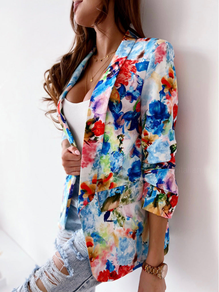 Fashionanble women floral printed big lapel casual coats blazers