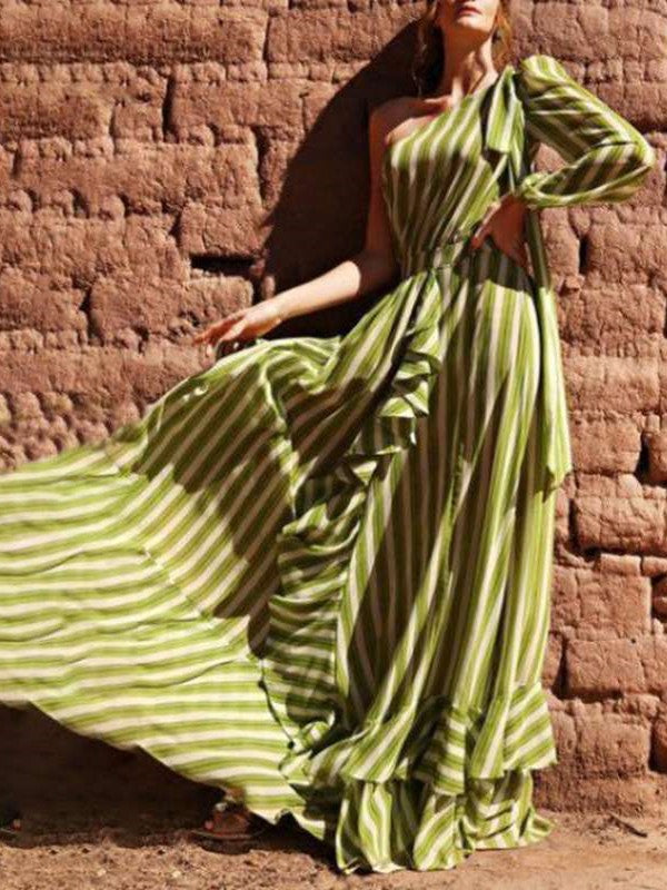 Fashion Stripe Oblique shoulder Long sleeve Falbala Skater Maxi Dresses