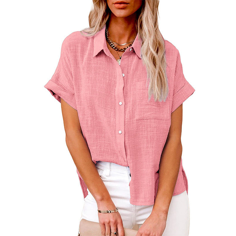 Women's Blouses Solid Lapel Button Short Sleeve Blouse