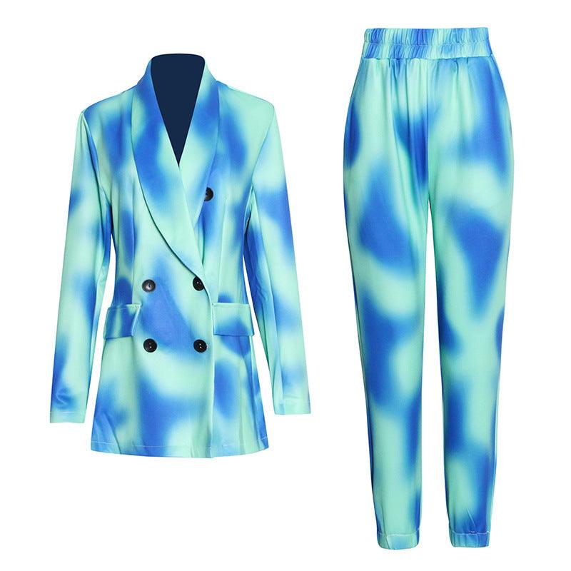 Double-breasted printed suit + elastic pants