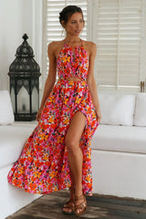 Temperament Elegant Hanging Collar printed maxi dresses