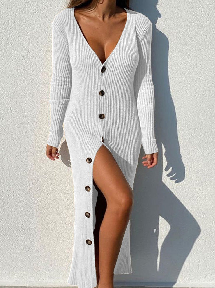 Knit ribbed button long-sleeve cardigan dresses sweater maxi dresses