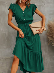 V neck button design plain color women big hem maxi dresses