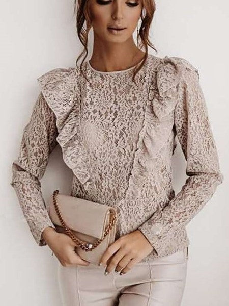 Stylish Lace Hollow out Round neck Long sleeve Blackless Falbala Blouses