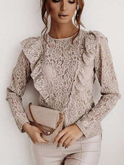 Stylish Lace Hollow out Round neck Long sleeve Blackless Falbala Blouses
