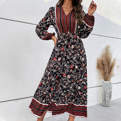 Puff Sleeves Print Split Dress