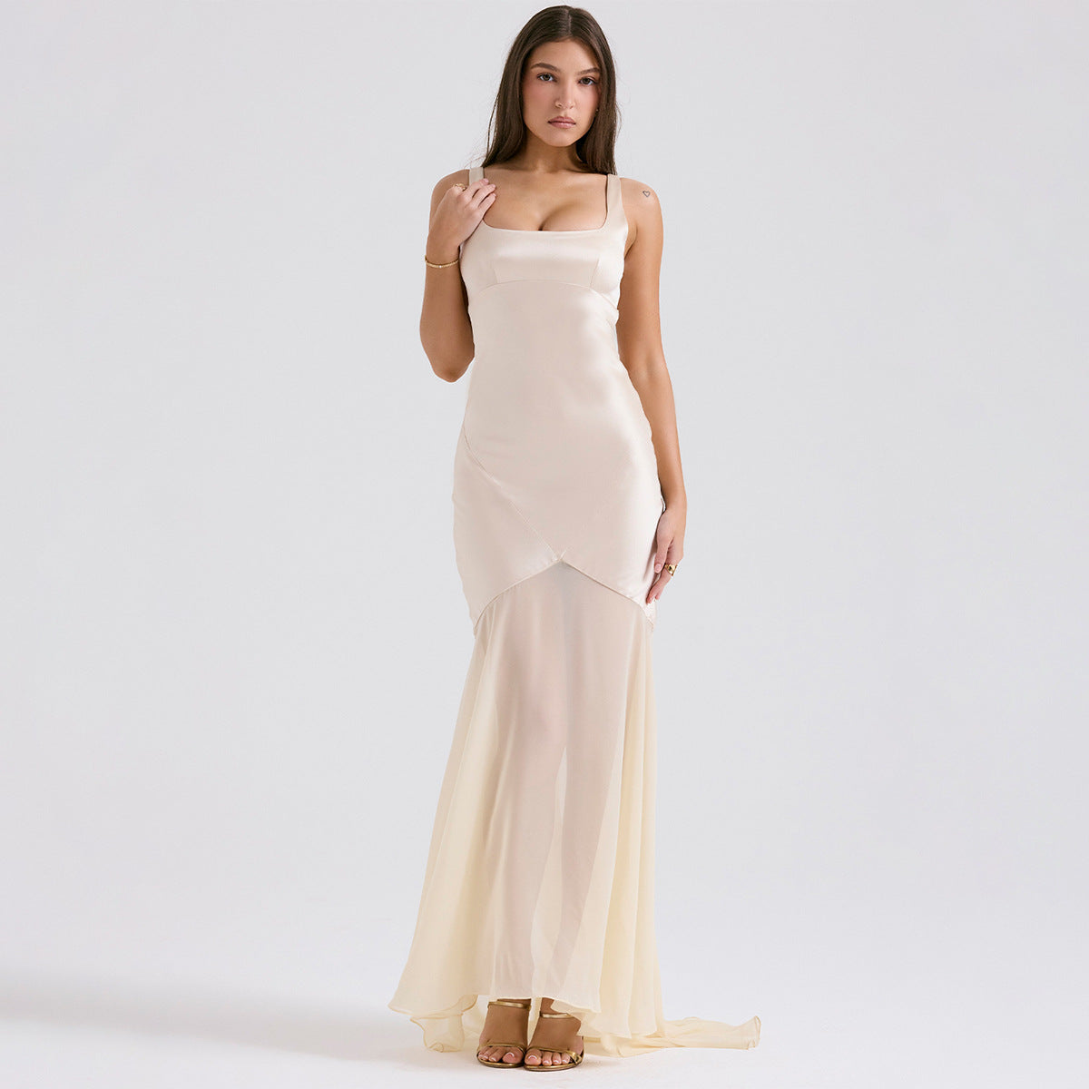 Chiffon-skirt Satin Maxi Dress