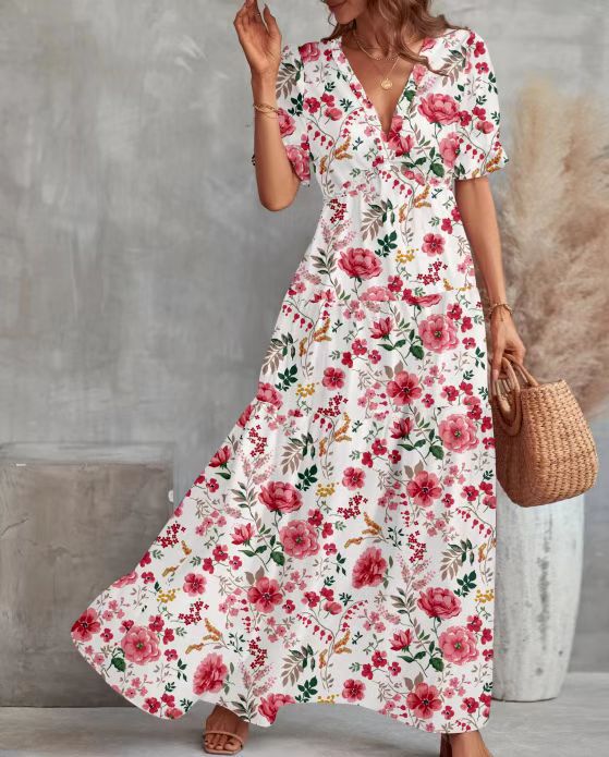 Floral V-Neck Short Flounce Sleeve Dress