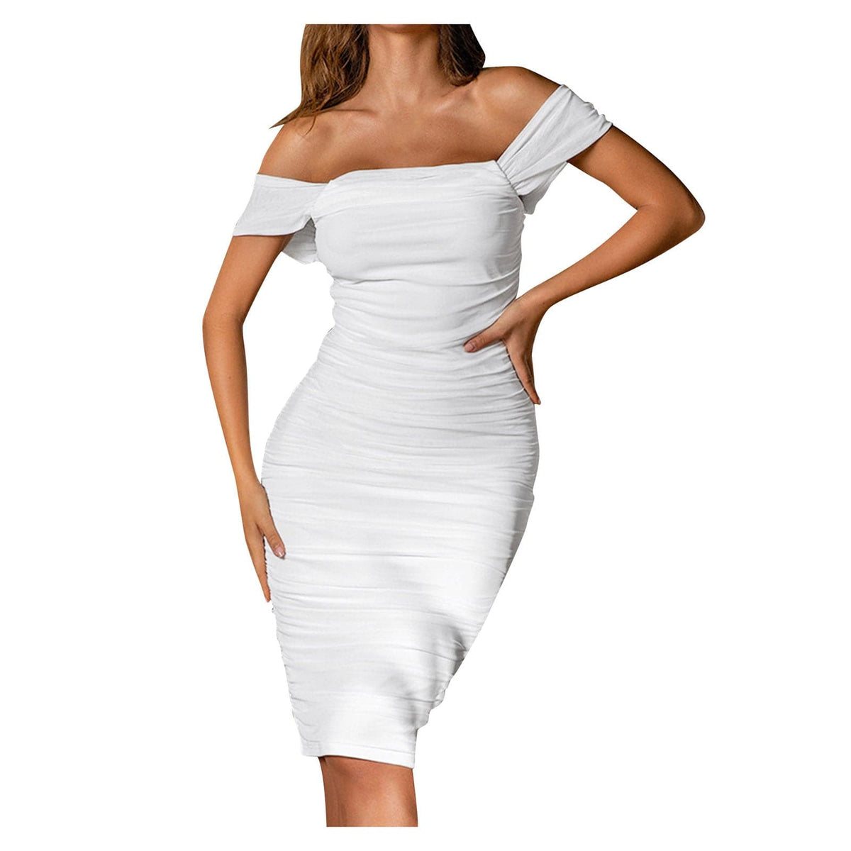 Off Shoulder Wrapped Chest Pleated Strapless Bodycon Midi Dresses