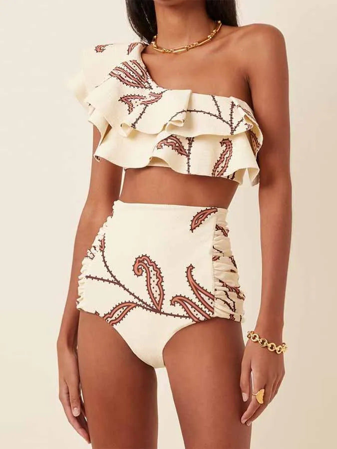 Fashion Beige Ruched One-Shoulder Basic Swimsuit