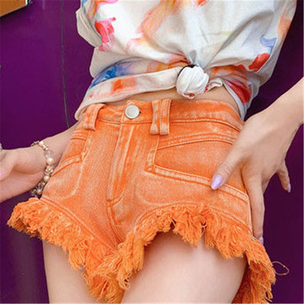 Orange Tassel Patchwork Mid Waist Pockets Gothic High Street Short Jeans